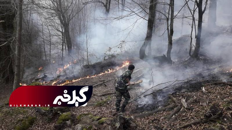 تلاش جنگلبانان گیلانی برای مهار آتش +تصاویر